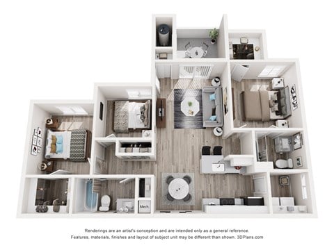 Floor plan for 3 beds, 2 baths, 1100 sqft